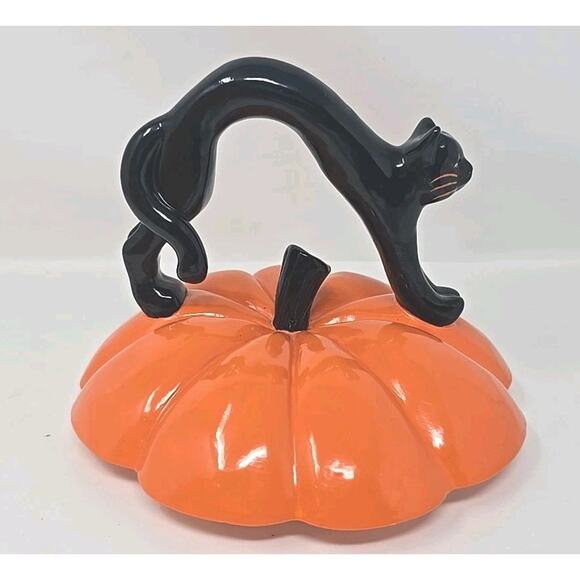 Neiman Marcus Exclusive Black Cat Black Bat Motif Halloween Pumpkin Cookie Jar - Picture 12 of 13